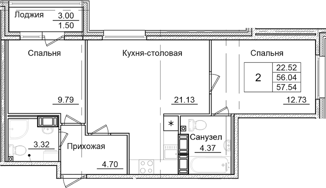 2-комнатная квартира 57.54 м², 2/9 эт., ЖК «Квартал Заречье»